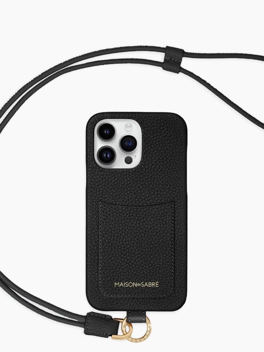 Maison de Sabre Sling Phone Case iPhone 14 Pro in Black Caviar and Gold Hardware